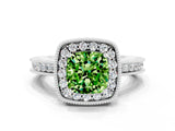 White gold Cushion Cut Halo Diamond Engagement Ring with Milgrain Pave Band and Four-Prong Setting