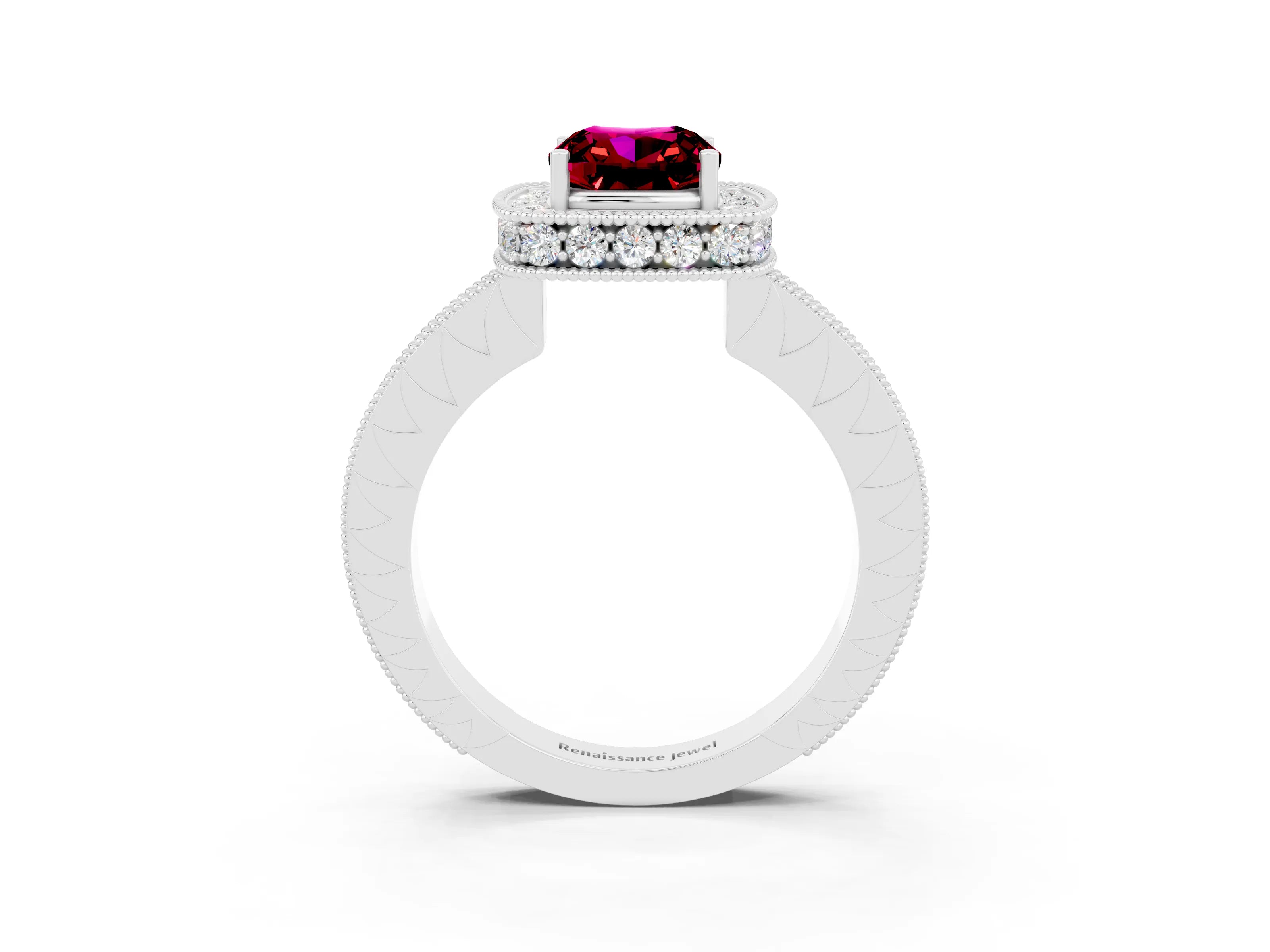 White gold Cushion Cut Halo Diamond Engagement Ring with Milgrain Pave Band and Four-Prong Setting_3