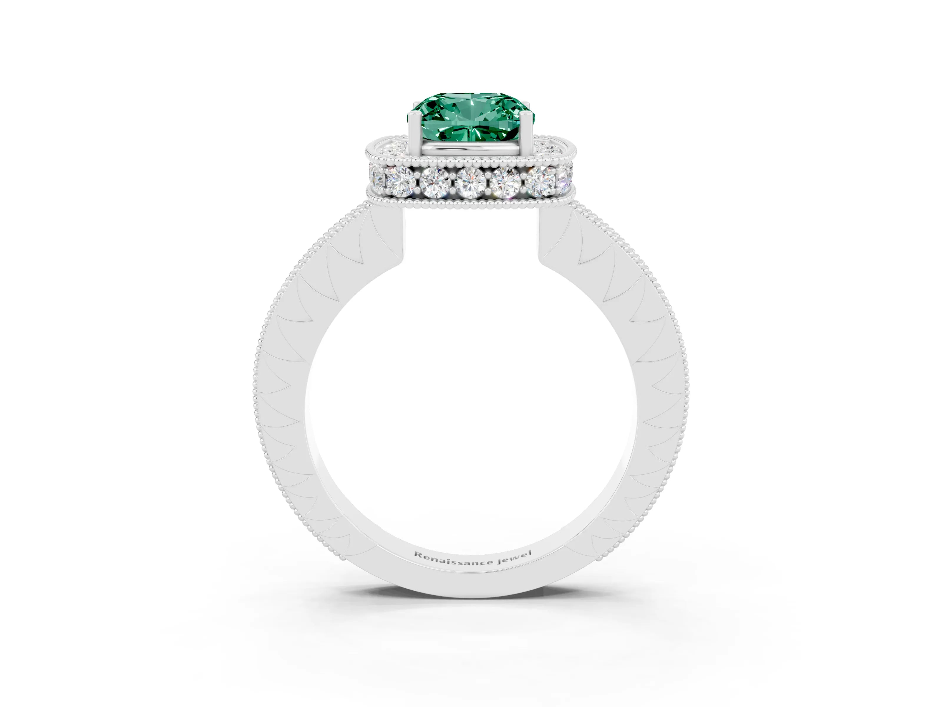 White gold Cushion Cut Halo Diamond Engagement Ring with Milgrain Pave Band and Four-Prong Setting_3