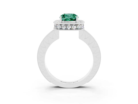 White gold Cushion Cut Halo Diamond Engagement Ring with Milgrain Pave Band and Four-Prong Setting_3