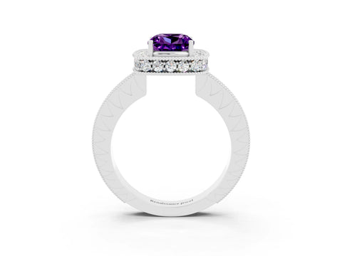 White gold Cushion Cut Halo Diamond Engagement Ring with Milgrain Pave Band and Four-Prong Setting_3