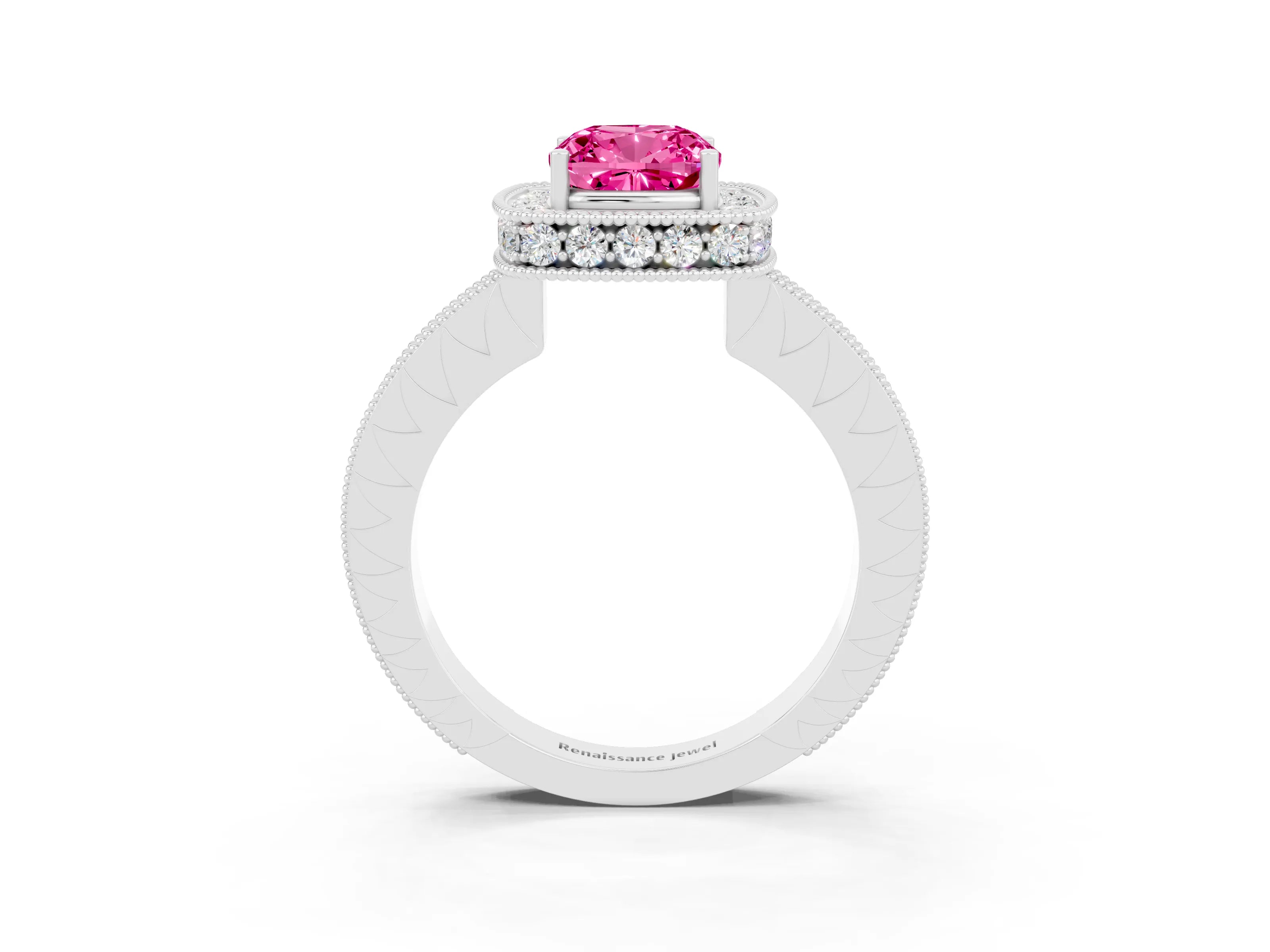 White gold Cushion Cut Halo Diamond Engagement Ring with Milgrain Pave Band and Four-Prong Setting_3