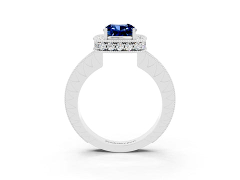 White gold Cushion Cut Halo Diamond Engagement Ring with Milgrain Pave Band and Four-Prong Setting_3