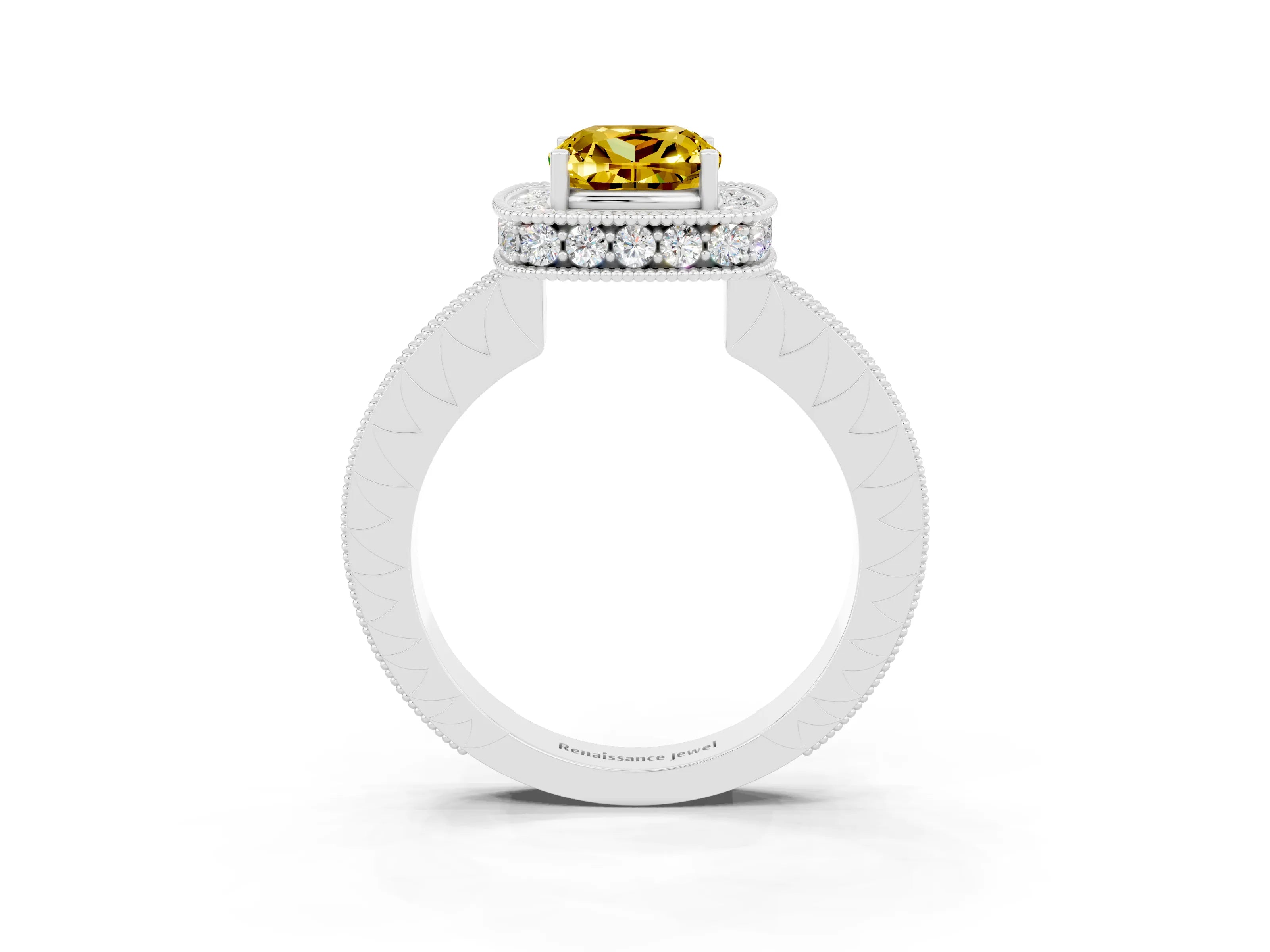 White gold Cushion Cut Halo Diamond Engagement Ring with Milgrain Pave Band and Four-Prong Setting_3