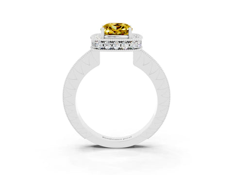 White gold Cushion Cut Halo Diamond Engagement Ring with Milgrain Pave Band and Four-Prong Setting_3
