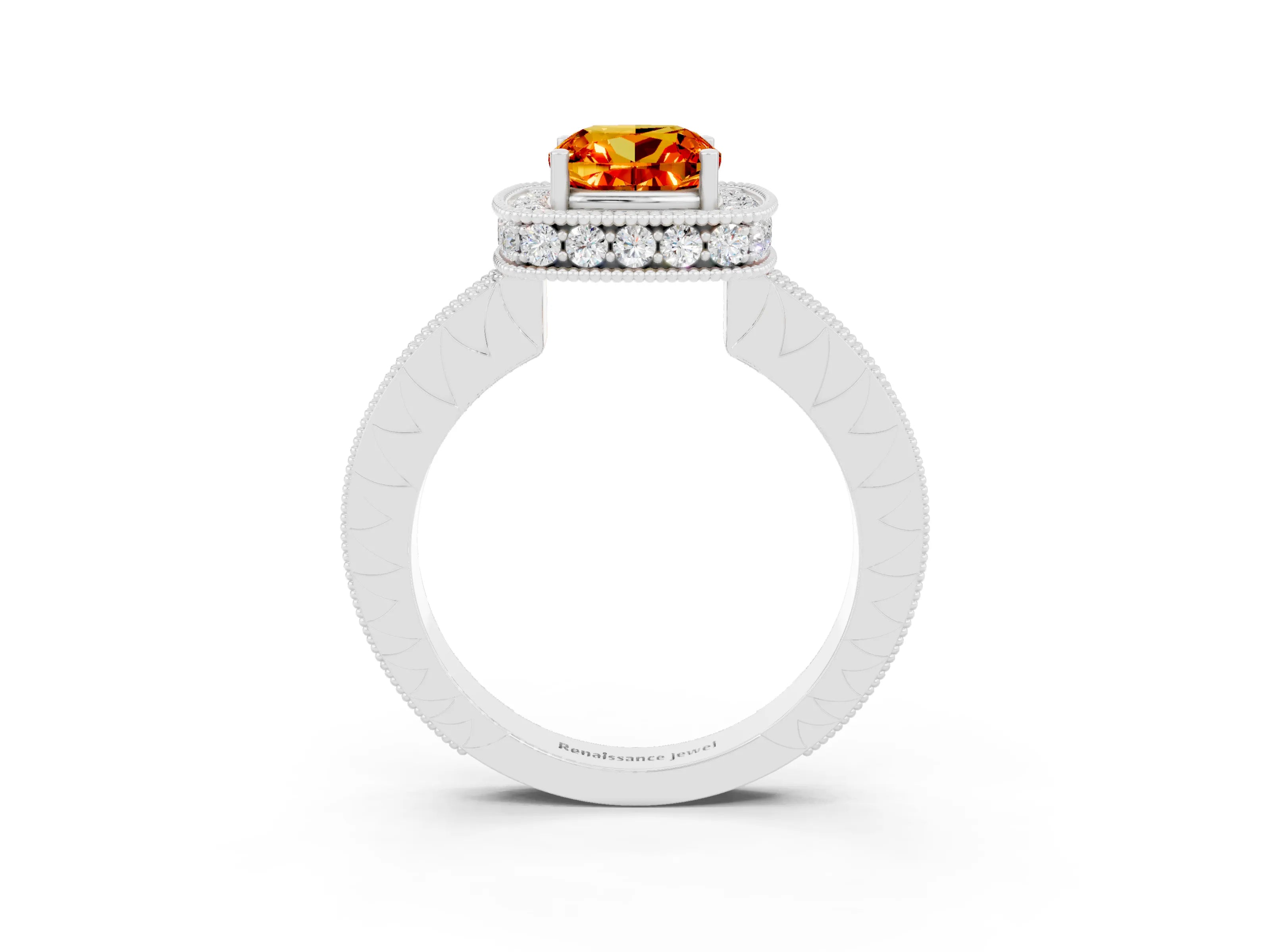 White gold Cushion Cut Halo Diamond Engagement Ring with Milgrain Pave Band and Four-Prong Setting_3