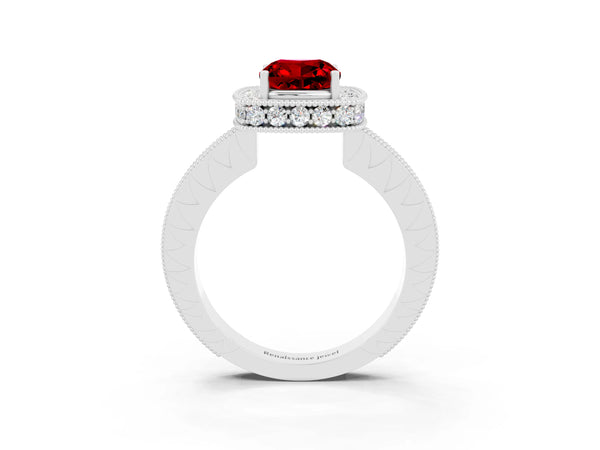 Silver Cushion Cut Halo Diamond Engagement Ring with Milgrain Pave Band and Four-Prong Setting