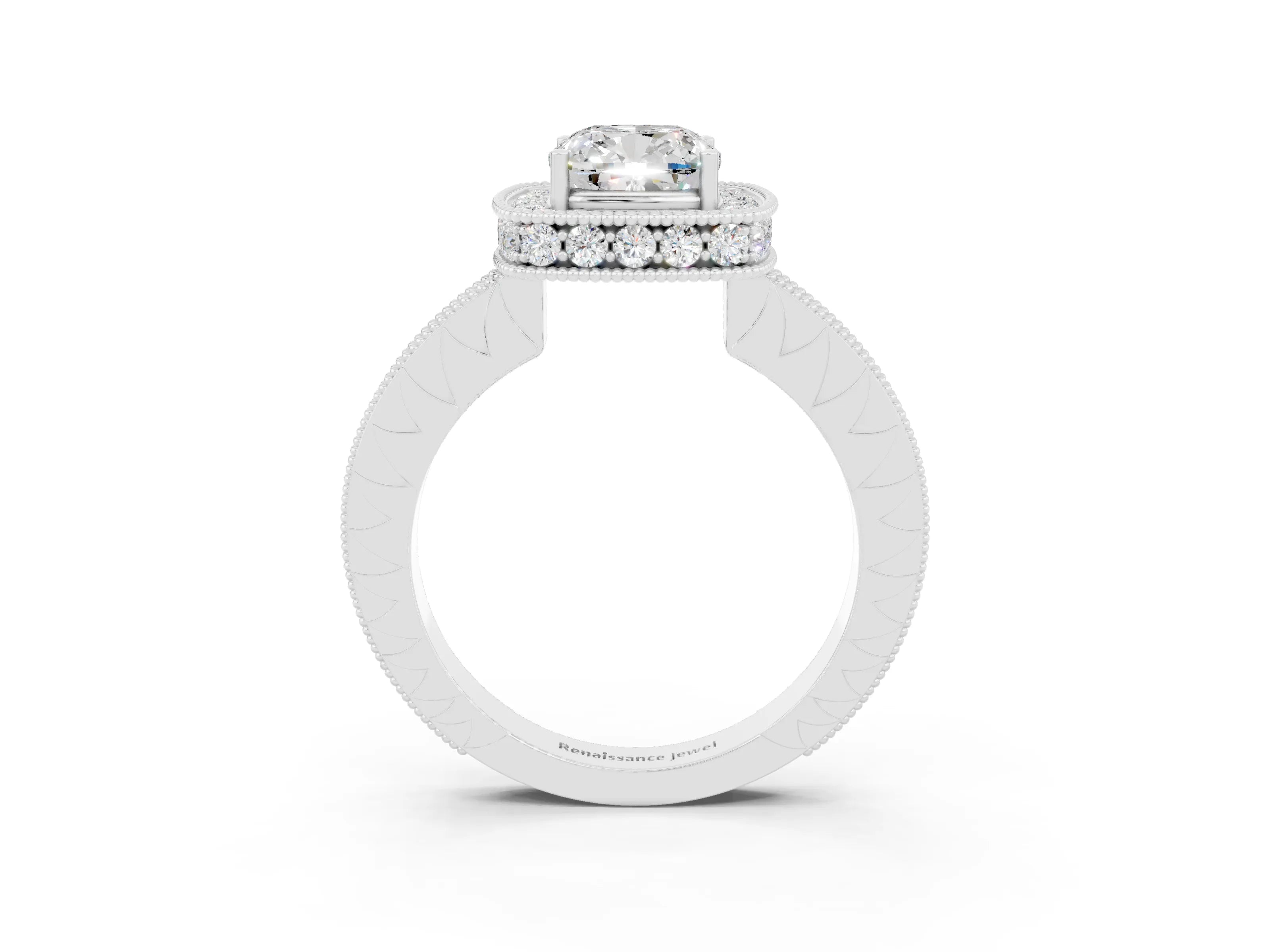 White gold Cushion Cut Halo Diamond Engagement Ring with Milgrain Pave Band and Four-Prong Setting_3