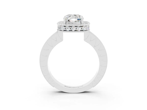 Silver Cushion Cut Halo Diamond Engagement Ring with Milgrain Pave Band and Four-Prong Setting