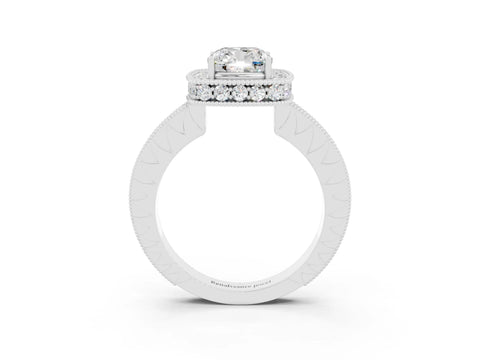 White gold Cushion Cut Halo Diamond Engagement Ring with Milgrain Pave Band and Four-Prong Setting_3