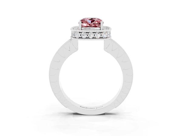 Platinum Cushion Cut Halo Diamond Engagement Ring with Milgrain Pave Band and Four-Prong Setting