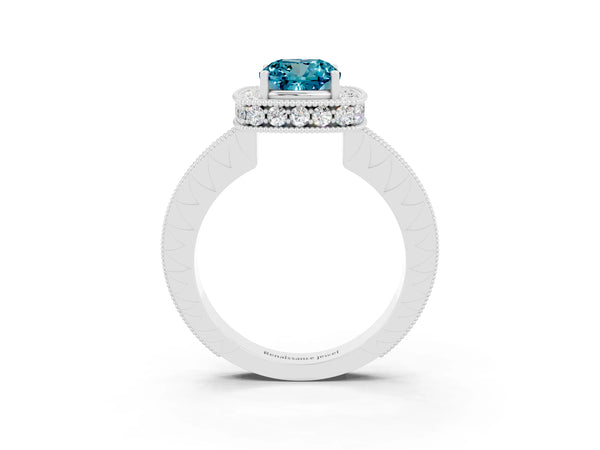 White gold Cushion Cut Halo Diamond Engagement Ring with Milgrain Pave Band and Four-Prong Setting