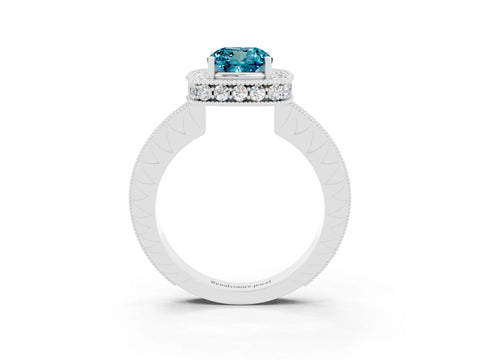White gold Cushion Cut Halo Diamond Engagement Ring with Milgrain Pave Band and Four-Prong Setting_3