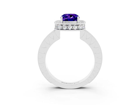 White gold Cushion Cut Halo Diamond Engagement Ring with Milgrain Pave Band and Four-Prong Setting_3