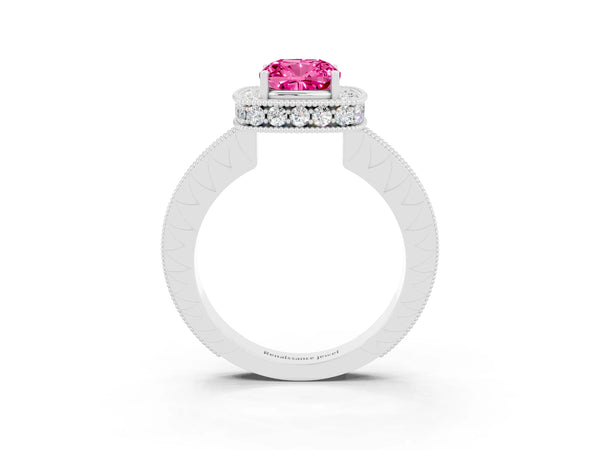 Silver Cushion Cut Halo Diamond Engagement Ring with Milgrain Pave Band and Four-Prong Setting