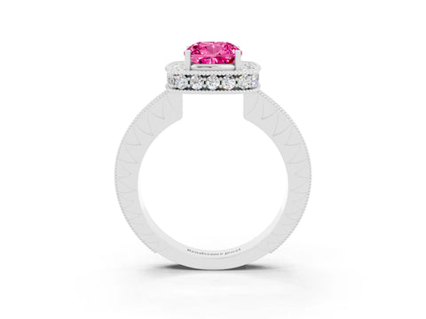 White gold Cushion Cut Halo Diamond Engagement Ring with Milgrain Pave Band and Four-Prong Setting_3