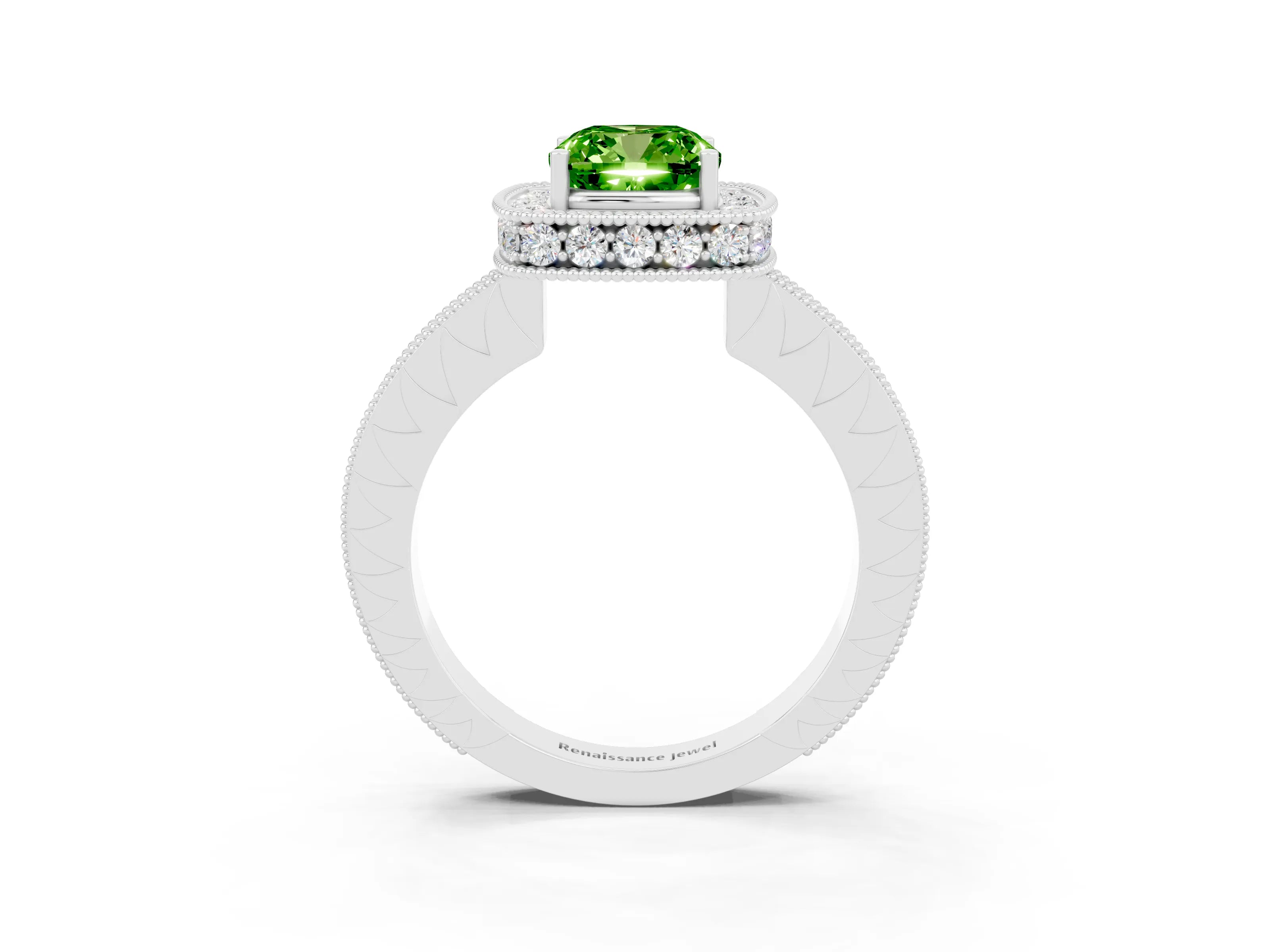 White gold Cushion Cut Halo Diamond Engagement Ring with Milgrain Pave Band and Four-Prong Setting_3