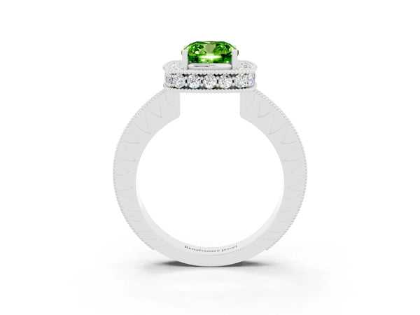 White gold Cushion Cut Halo Diamond Engagement Ring with Milgrain Pave Band and Four-Prong Setting