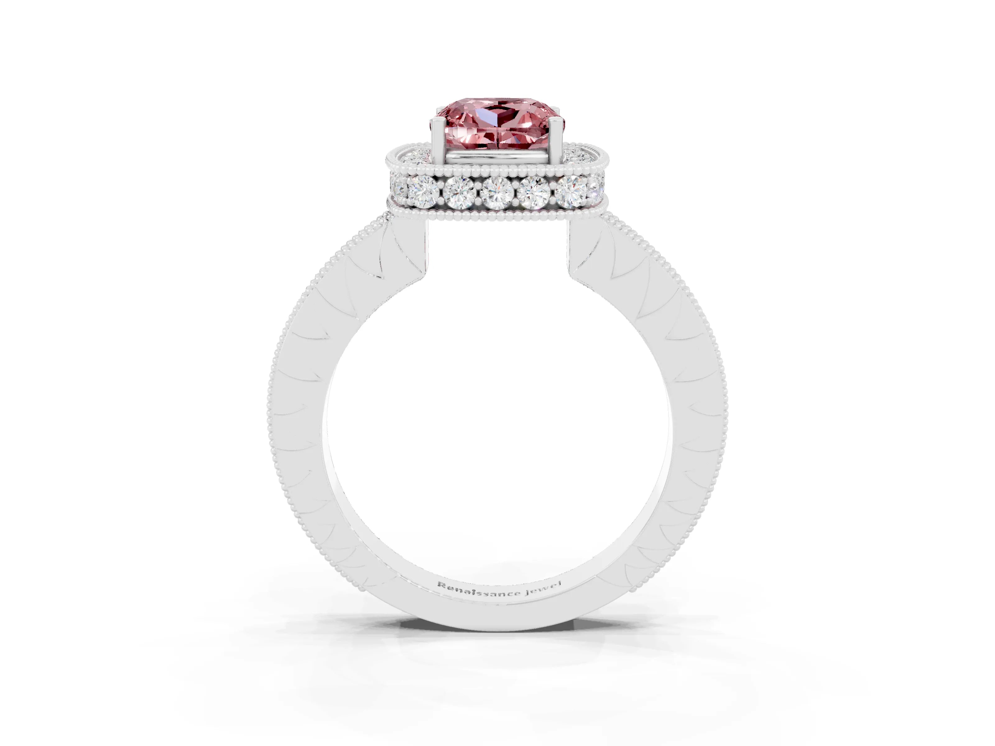 White gold Cushion Cut Halo Diamond Engagement Ring with Milgrain Pave Band and Four-Prong Setting_3