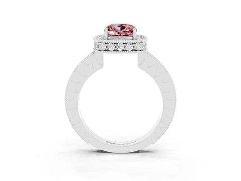 White gold Cushion Cut Halo Diamond Engagement Ring with Milgrain Pave Band and Four-Prong Setting_3