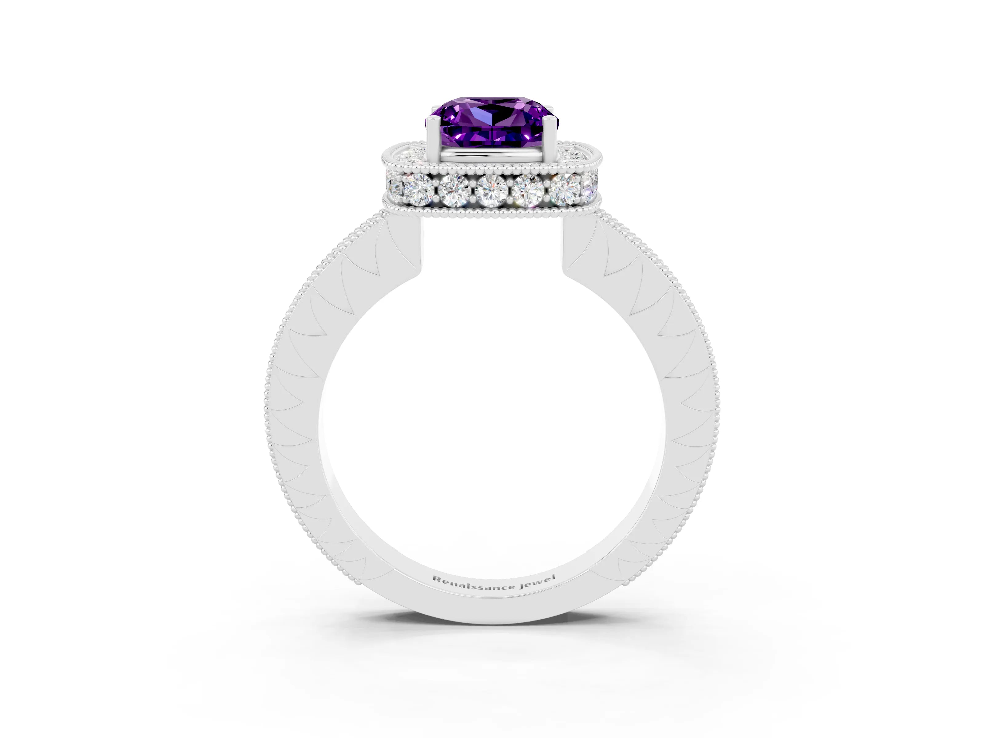 White gold Cushion Cut Halo Diamond Engagement Ring with Milgrain Pave Band and Four-Prong Setting_3