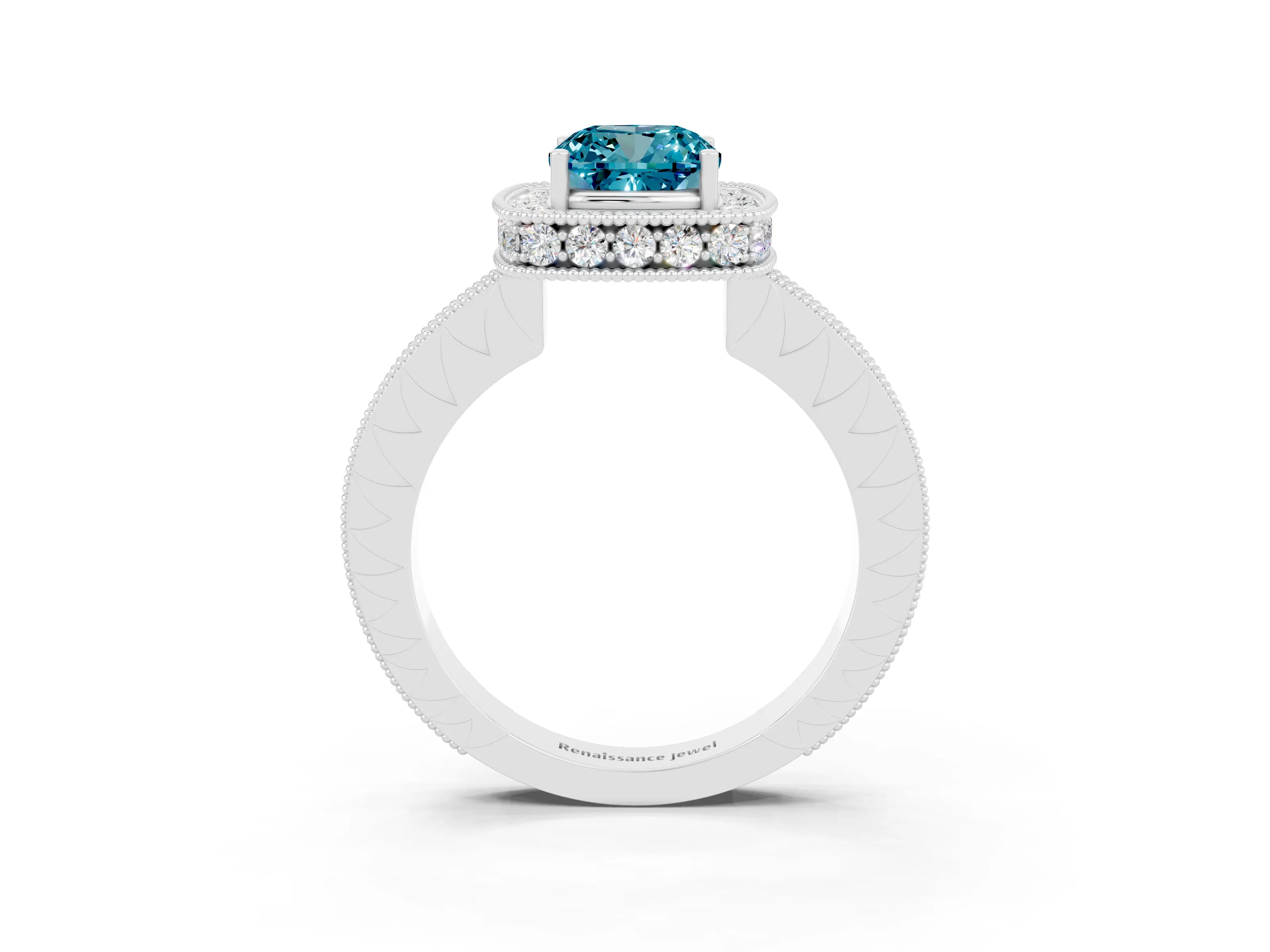 White gold Cushion Cut Halo Diamond Engagement Ring with Milgrain Pave Band and Four-Prong Setting_3