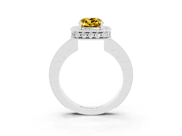 White gold Cushion Cut Halo Diamond Engagement Ring with Milgrain Pave Band and Four-Prong Setting
