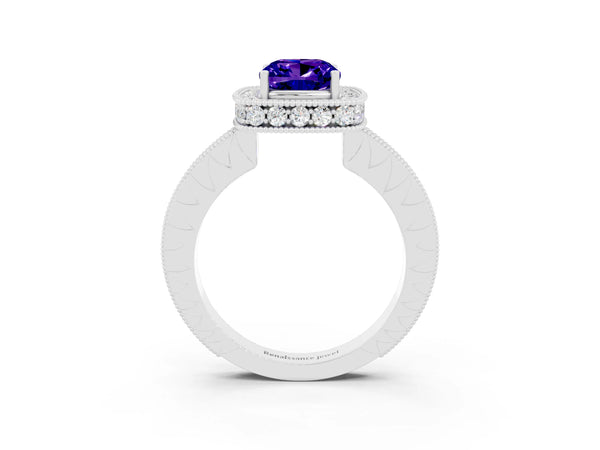 White gold Cushion Cut Halo Diamond Engagement Ring with Milgrain Pave Band and Four-Prong Setting