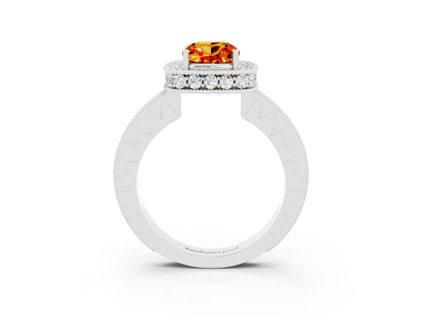 White gold Cushion Cut Halo Diamond Engagement Ring with Milgrain Pave Band and Four-Prong Setting