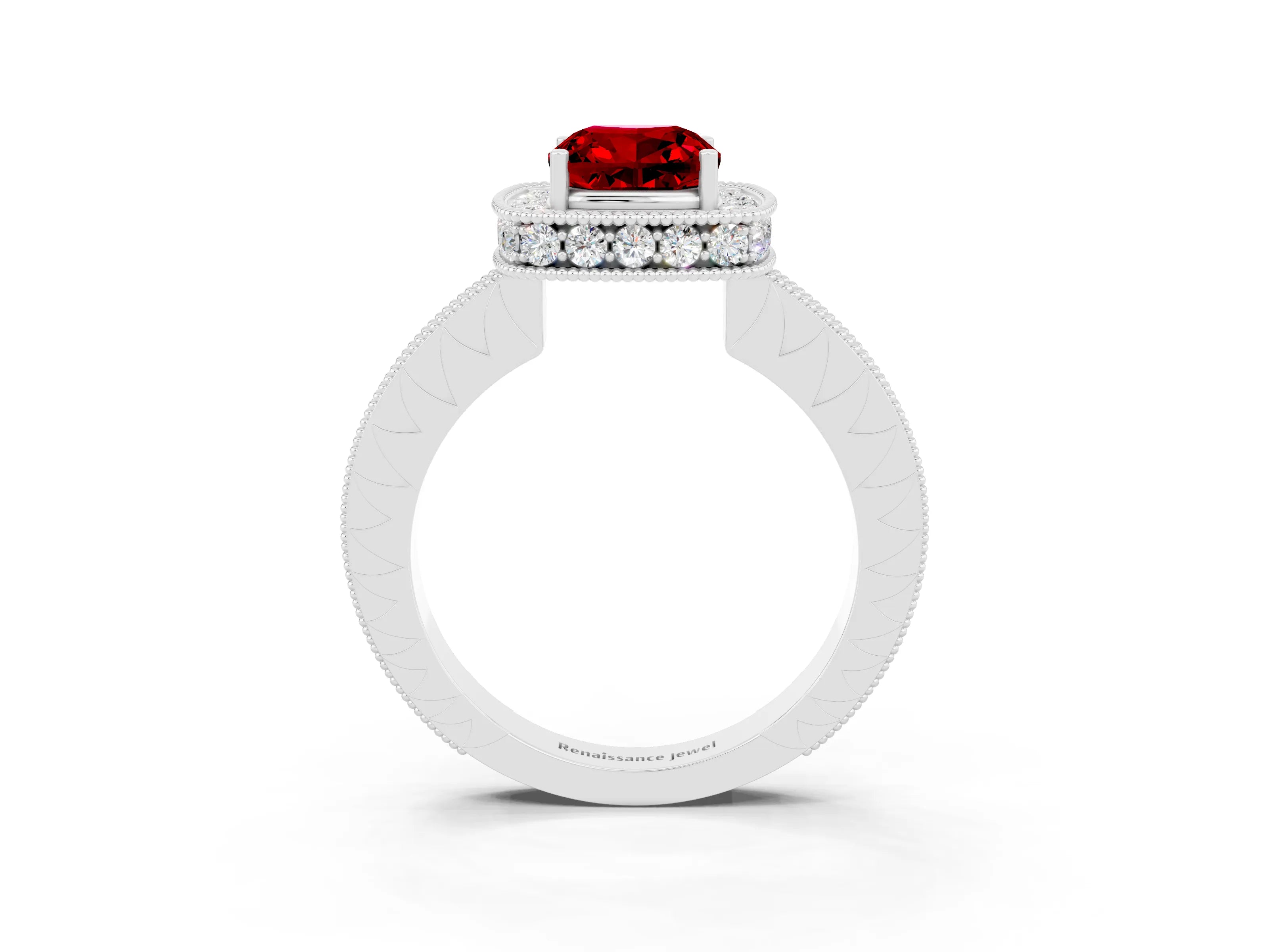 White gold Cushion Cut Halo Diamond Engagement Ring with Milgrain Pave Band and Four-Prong Setting_3