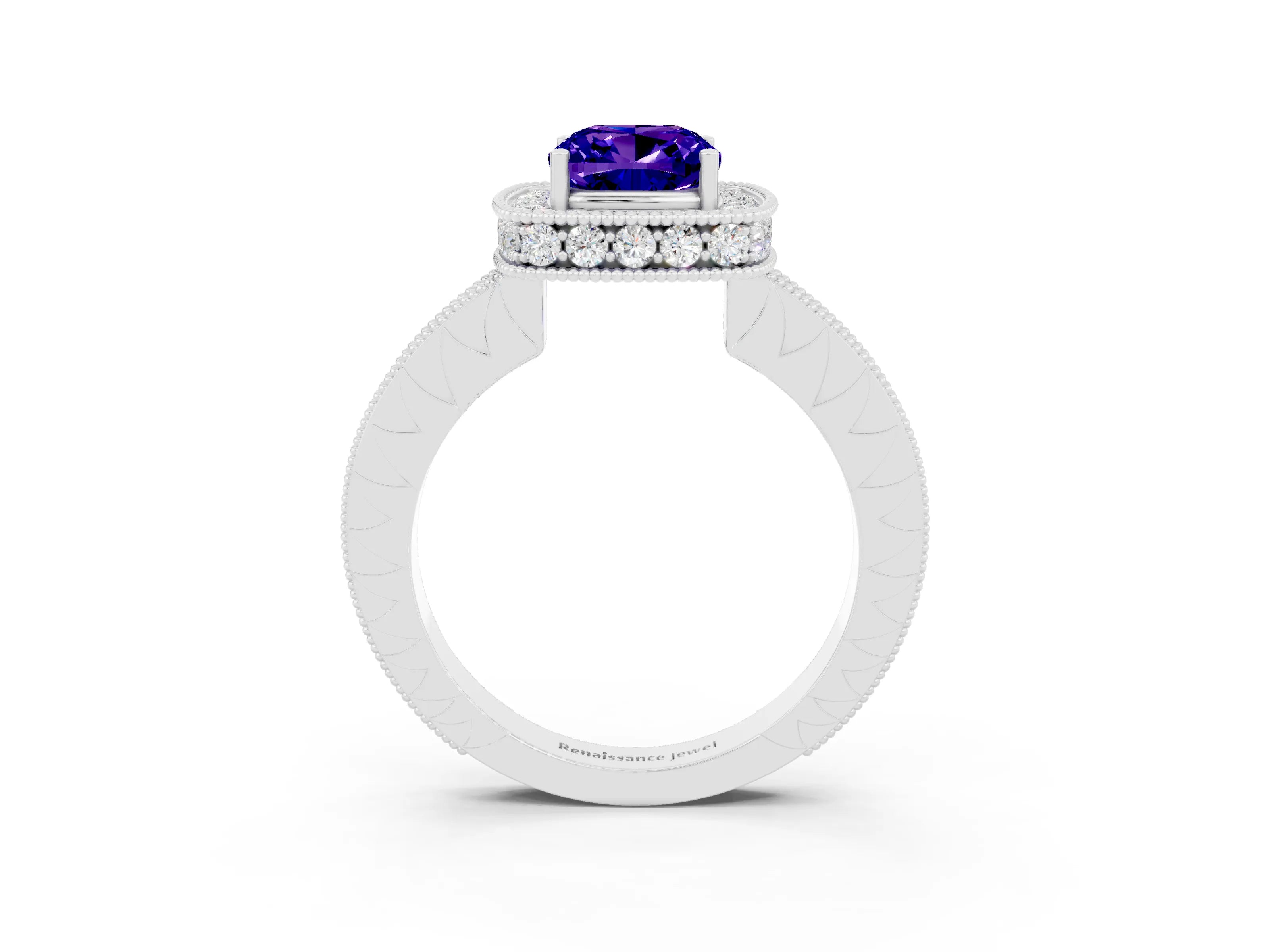 White gold Cushion Cut Halo Diamond Engagement Ring with Milgrain Pave Band and Four-Prong Setting_3