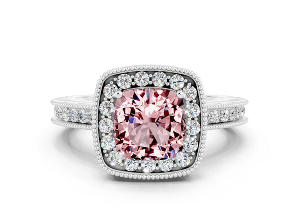 Silver Cushion Cut Halo Diamond Engagement Ring with Milgrain Pave Band and Four-Prong Setting