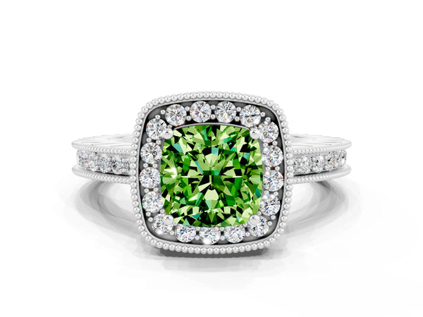 Platinum Cushion Cut Halo Diamond Engagement Ring with Milgrain Pave Band and Four-Prong Setting