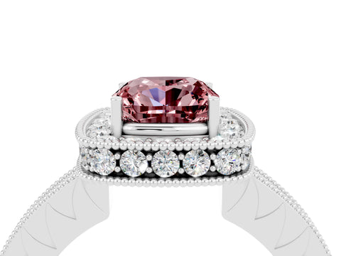 White gold Cushion Cut Halo Diamond Engagement Ring with Milgrain Pave Band and Four-Prong Setting_4