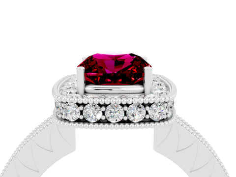 White gold Cushion Cut Halo Diamond Engagement Ring with Milgrain Pave Band and Four-Prong Setting_4