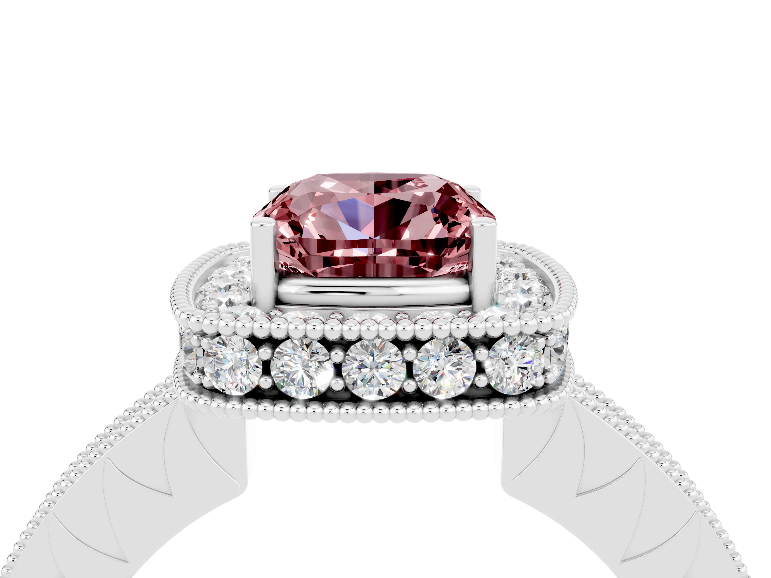 White gold Cushion Cut Halo Diamond Engagement Ring with Milgrain Pave Band and Four-Prong Setting_4