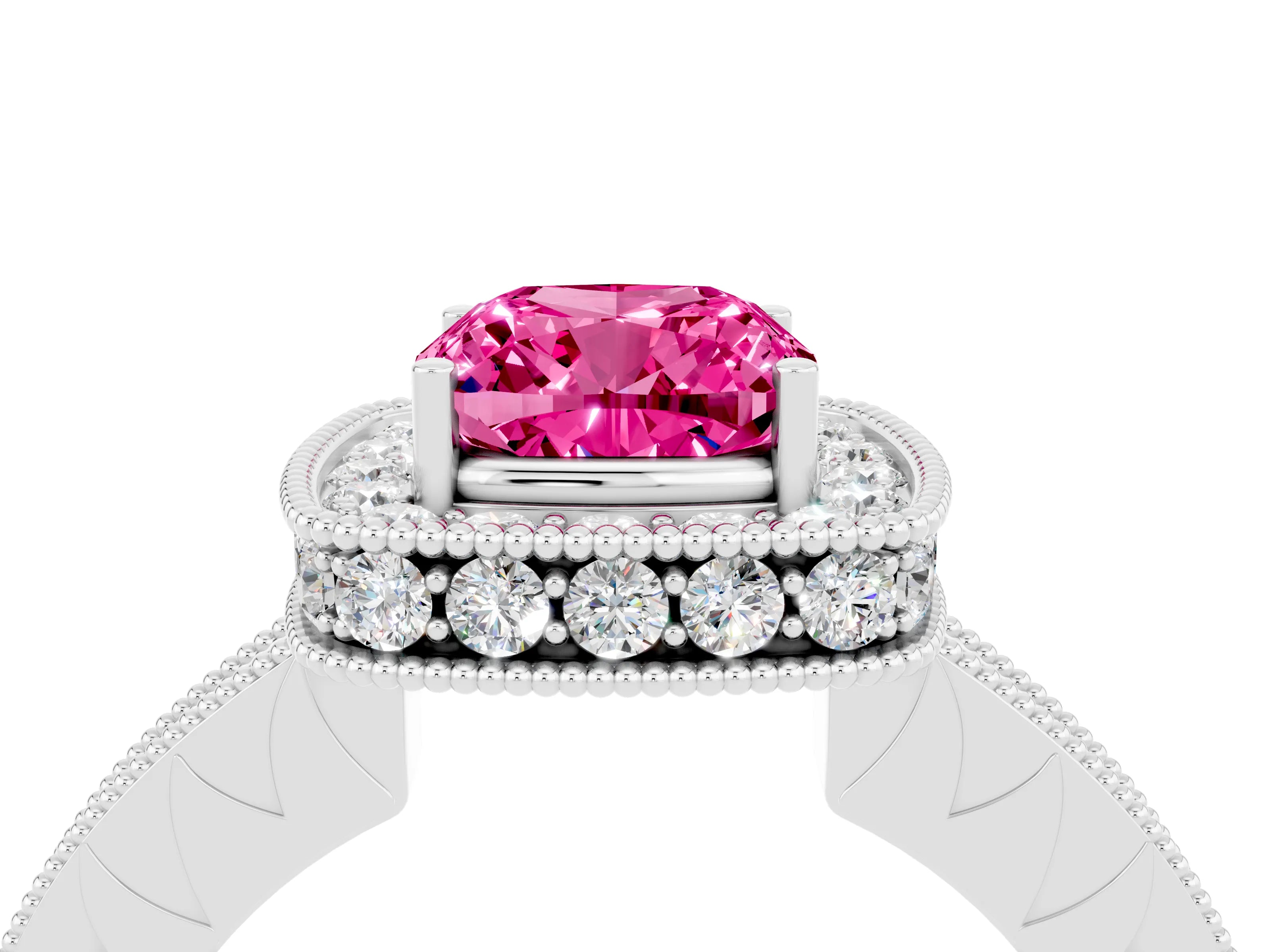 White gold Cushion Cut Halo Diamond Engagement Ring with Milgrain Pave Band and Four-Prong Setting_4