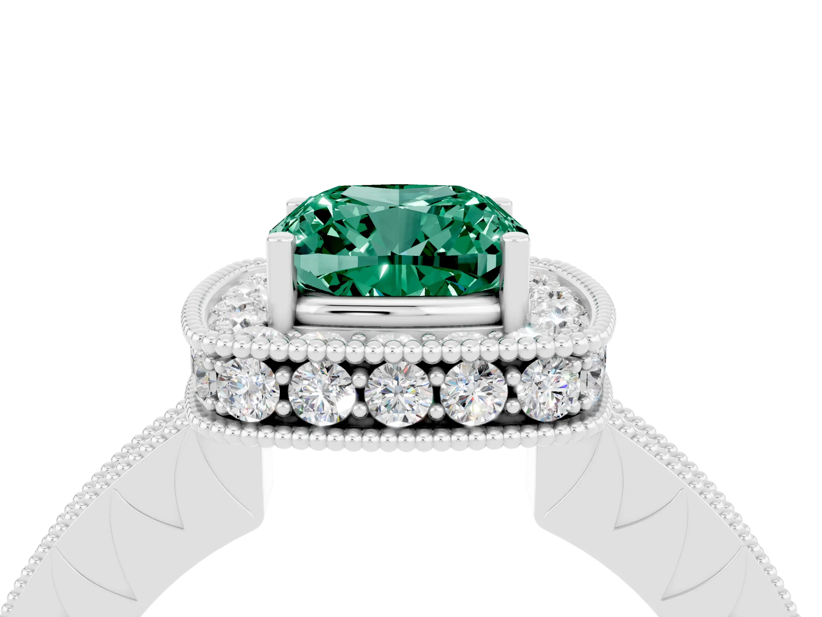 White gold Cushion Cut Halo Diamond Engagement Ring with Milgrain Pave Band and Four-Prong Setting_4