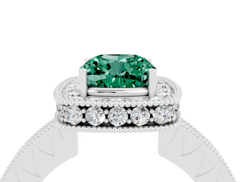 White gold Cushion Cut Halo Diamond Engagement Ring with Milgrain Pave Band and Four-Prong Setting_4