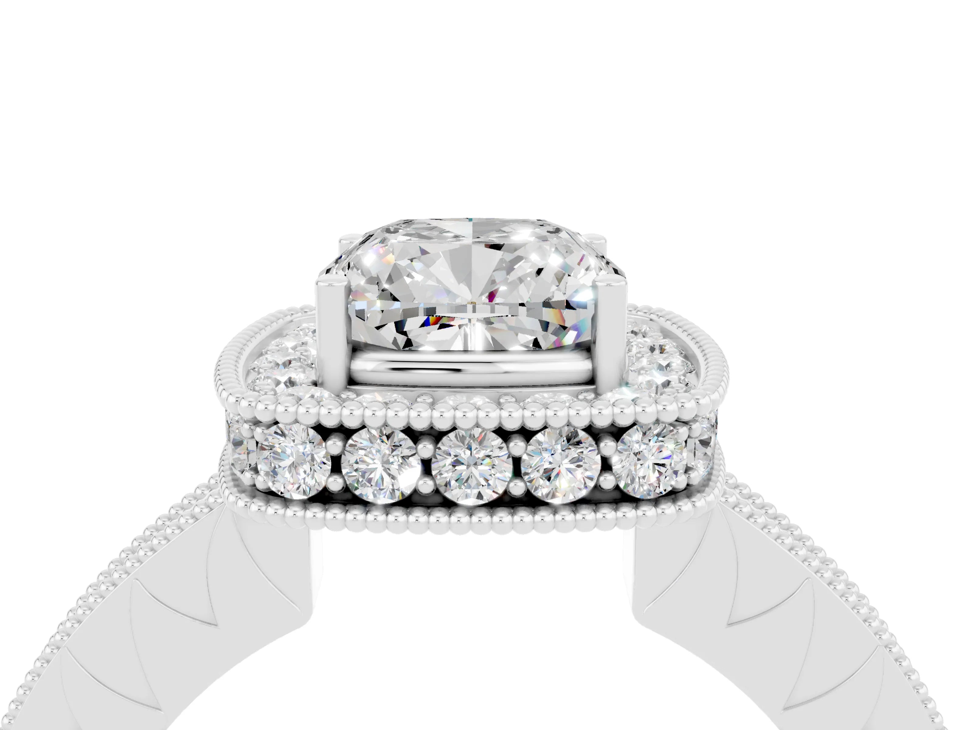 White gold Cushion Cut Halo Diamond Engagement Ring with Milgrain Pave Band and Four-Prong Setting_4