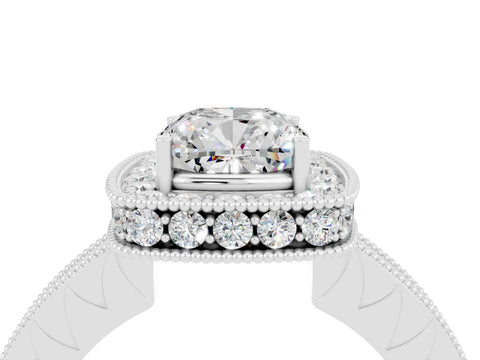 White gold Cushion Cut Halo Diamond Engagement Ring with Milgrain Pave Band and Four-Prong Setting_4