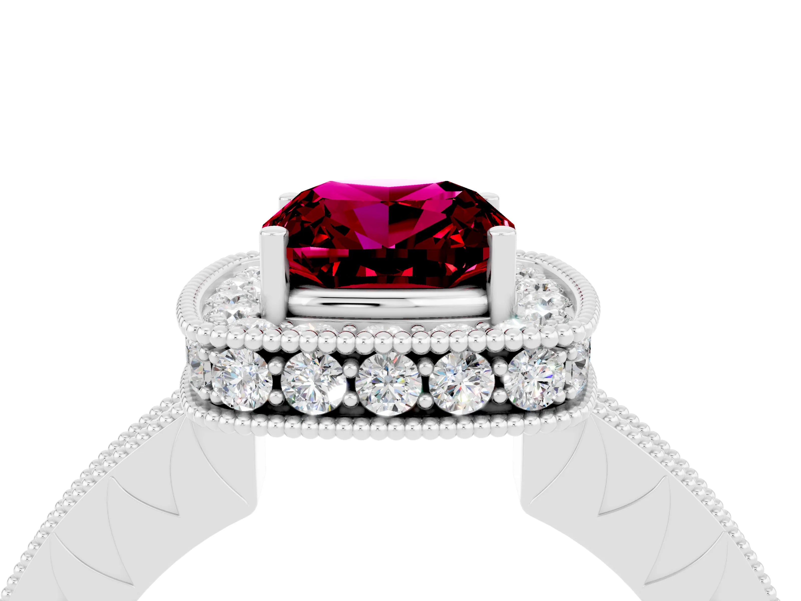 White gold Cushion Cut Halo Diamond Engagement Ring with Milgrain Pave Band and Four-Prong Setting_4