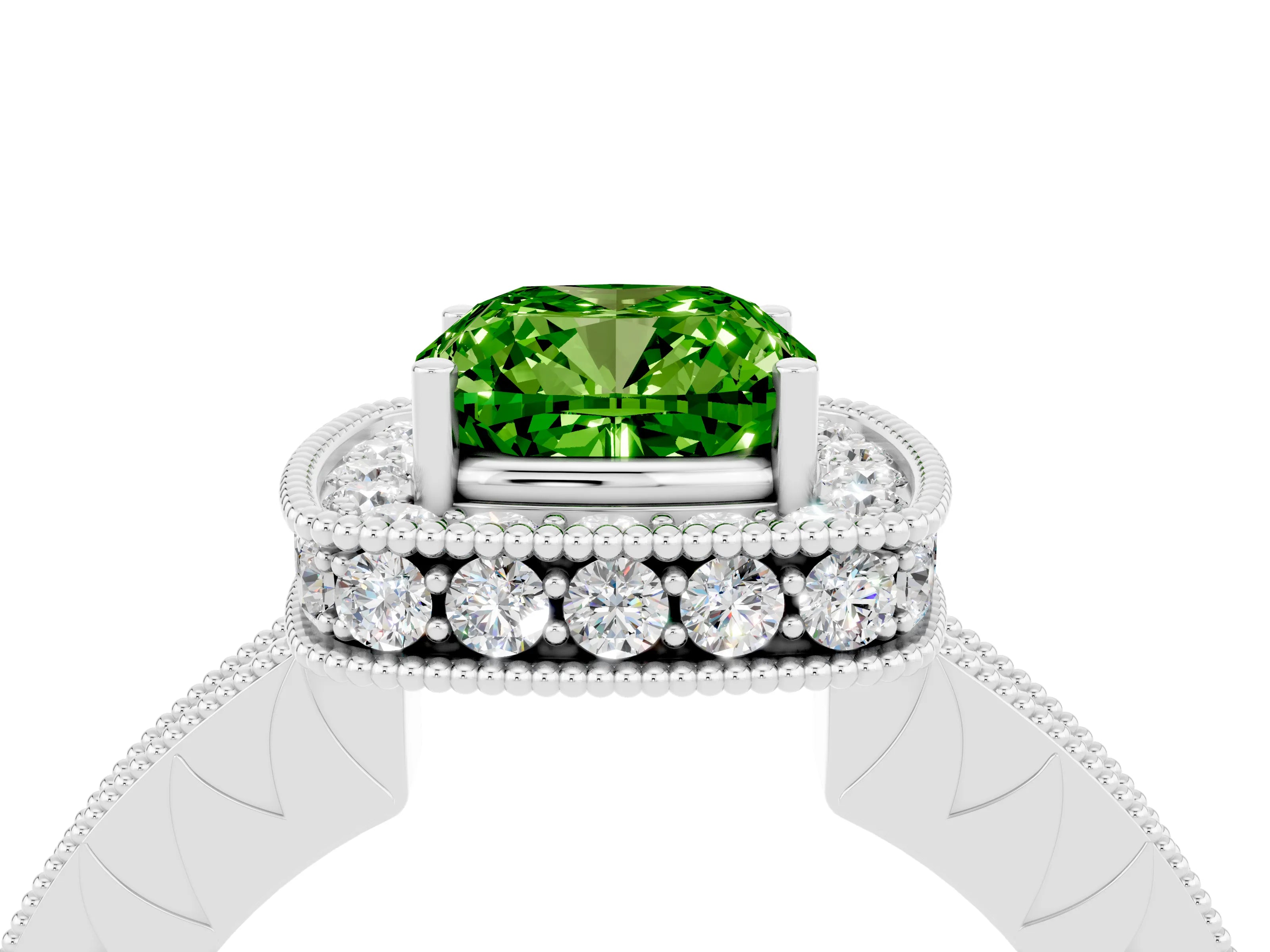 White gold Cushion Cut Halo Diamond Engagement Ring with Milgrain Pave Band and Four-Prong Setting_4