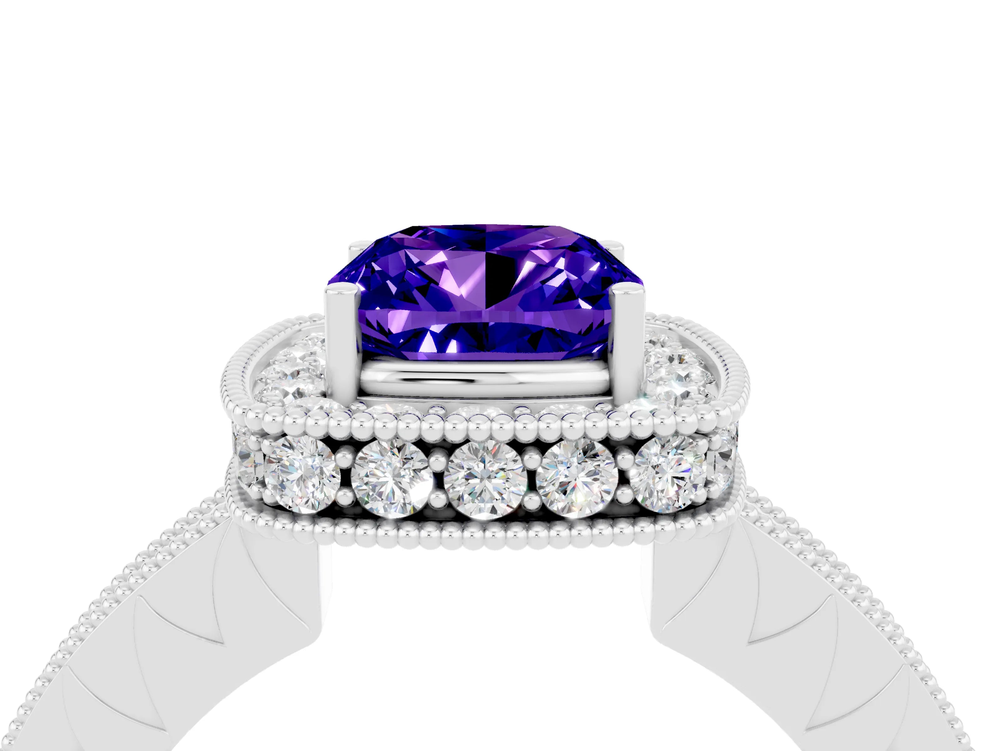 White gold Cushion Cut Halo Diamond Engagement Ring with Milgrain Pave Band and Four-Prong Setting_4