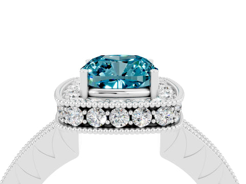 White gold Cushion Cut Halo Diamond Engagement Ring with Milgrain Pave Band and Four-Prong Setting_4