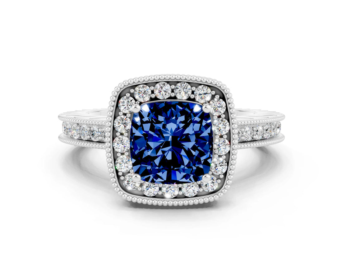 White gold Cushion Cut Halo Diamond Engagement Ring with Milgrain Pave Band and Four-Prong Setting