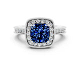 White gold Cushion Cut Halo Diamond Engagement Ring with Milgrain Pave Band and Four-Prong Setting