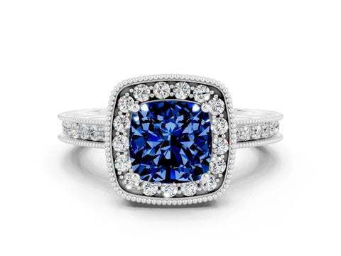 White gold Cushion Cut Halo Diamond Engagement Ring with Milgrain Pave Band and Four-Prong Setting