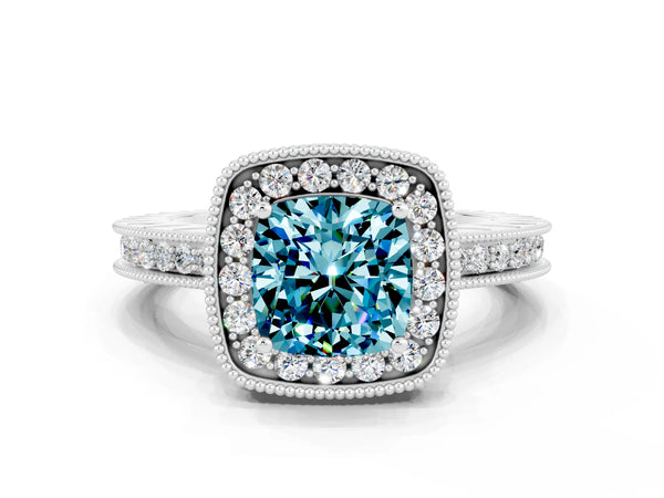 White gold Cushion Cut Halo Diamond Engagement Ring with Milgrain Pave Band and Four-Prong Setting