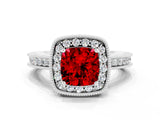 White gold Cushion Cut Halo Diamond Engagement Ring with Milgrain Pave Band and Four-Prong Setting